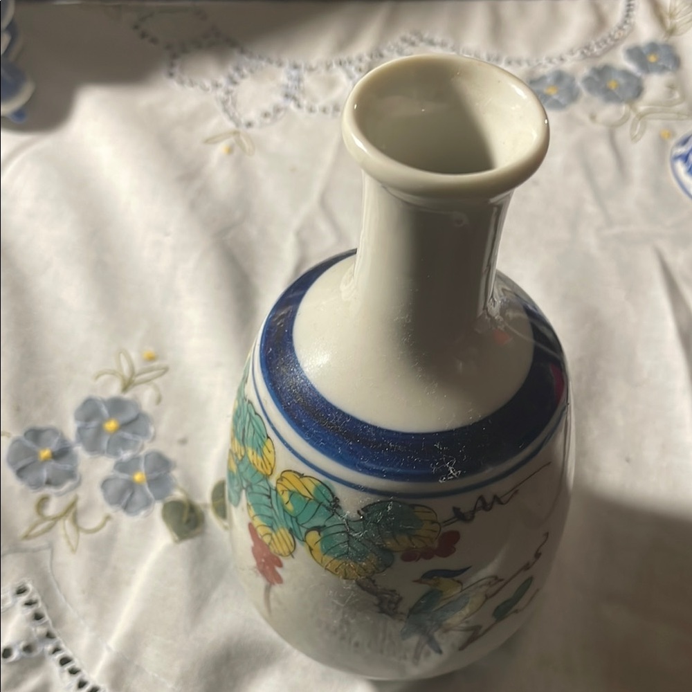 Floral Ceramic Vase with Blue Accents